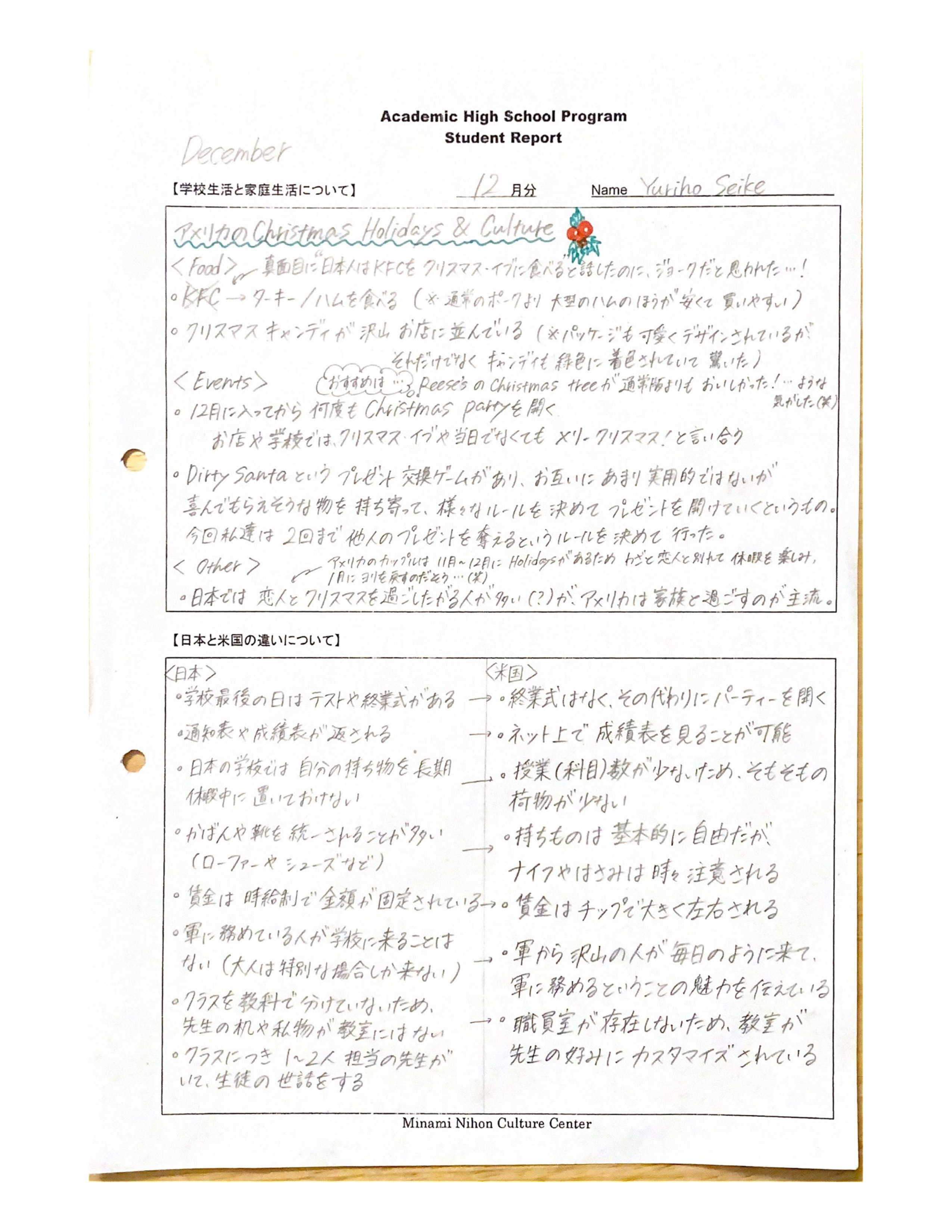 Yuriho's Student Report in December